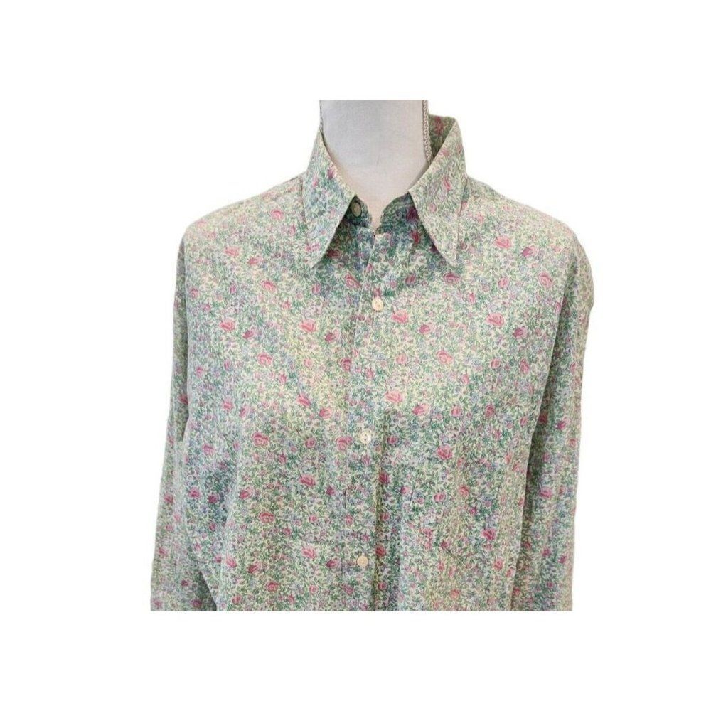 Vintage 80s United Colors of Benetton Mens Floral Pink Green Button Up Shirt